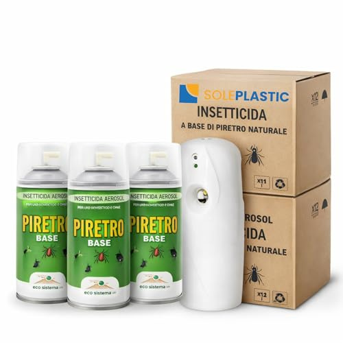 3 Bombole Insetticida Antizanzare 250 ml a Base di Piretro + Diffusore Automatico - Protezione contro Zanzare, Mosche, Insetti Striscianti e Utilizzabile come Anti Formiche - per Casa e Ambienti