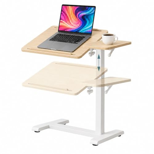 Relaxdays ståbord, höjdjusterbart 67,5–102 cm, lutningsbart, natur/vit | integrerade hjul, hemarbete, bärbar datorsbord, C-form