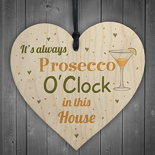 Red Ocean Prosecco O'Clock Friendship Wooden Hanging Heart Plaque Birthday Gift Alcohol Garden Kitchen Sign