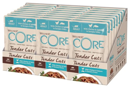 Wellness CORE Tender Cuts 24 x 85g, Poulet & Saumon – Nourriture Humide | Tendre Morceaux Pour Chats Adultes, Sans Céréales, Naturelles, Hypoallergénique, Riche en protéines, À Haute Teneur en Viande