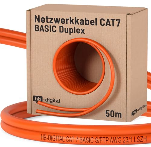 HB-DIGITAL 50m CAT 7 Netzwerkkabel Duplex - Orange | LAN Kabel Verlegekabel, Ethernet Installationskabel, AWG23 10 Gbit/s, S/FTP LSZH BauPVO Eca, Datenkabel