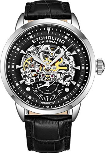 Stuhrling Original Herren-Automatikuhr mit Skelett-Design, schwarzes Lederarmband