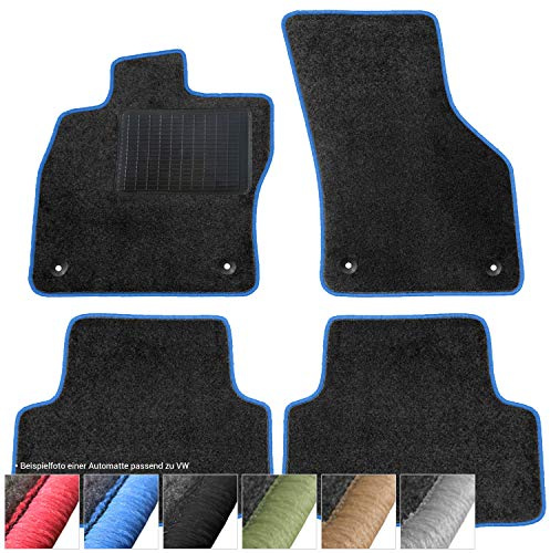 moto-MOLTICO Fußmatten Auto - Velours Autoteppiche | passend für VW New Beetle (1998-2011) - 4-teiliges Set - Schwarze Automatten mit Blauen Ziernähten