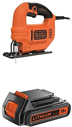 Black+Decker Elektro Kompakt Stichsäge 400W KS501 – Säge für Holz, Metall & Kunststoff mit 0/45° Gehrungsschnitt & verstellbarer Fußplatte + Black+Decker Li-Ion Slidepack Akku (18V 2,0Ah)