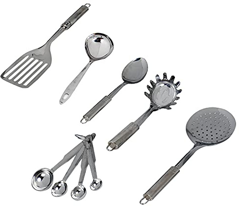 Kosma Juego de 9 utensilios de cocina de acero inoxidable – Juego de 5 utensilios de cocina y 4 cucharas medidoras | Juego de herramientas de cocina