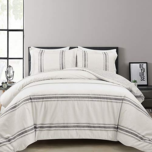 Lush Decor Farmhouse Stripe Reversible Cotton Duvet Cover Queen Size 3 Piece Set Full/Queen Gray - Farmhouse Bedding Set - Striped Duvet Cover