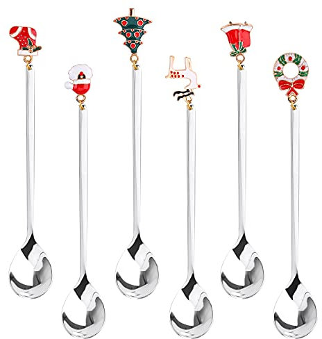 Cuillères à Café de Noël,6 Cuillères à thé à Dessert en Acier en Argent Avec Pendentifs Cloches de Chapeau D'élan D'arbre de Noël,Emballage de Boîte-Cadeau (Silver)