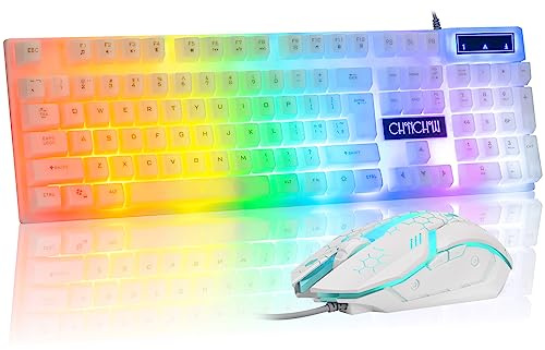 CHONCHOW Teclado y Mouse LED, Teclado retroiluminado arcoíris de 104 Teclas y Mouse RGB de 7 Colores, Combo de Teclado y Mouse Blanco para Juegos para PC, Laptop, Xbox, PS4, Jugadores y Trabajo