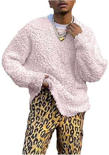 Suéter De Felpa para Hombre Moda Callejera Color Sólido Cuello Redondo Suelto Tops De Felpa Rosa L