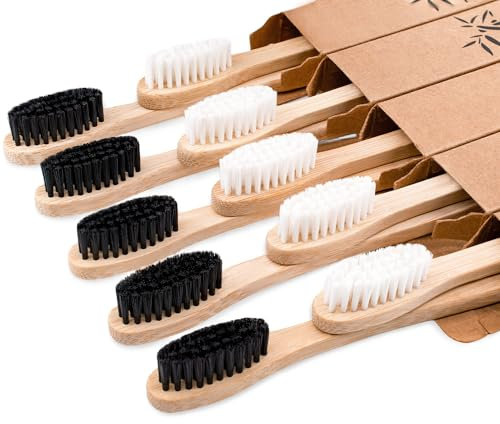 Bamboo Toothbrushes Medium Bristles for Adults, Wooden Toothbrush, Family Set 10 Pack Natural Organic Tooth Brush