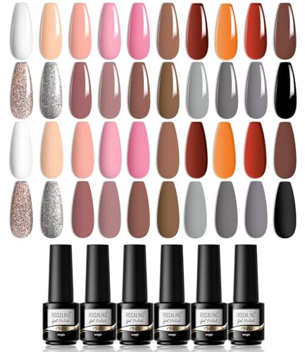 ROSALIND UV Nagellack Set, 20 Farben UV LED Gel Nagel Set Weiß Schwarzer Braun Orange Glitter Silber Gellack Nail Art Soak Off Gel Nail Polish für Nagel Design