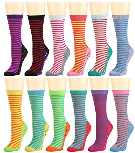 Falari 12 Pairs Women's Cotton Crew Socks Assorted Colors (Striped & Dots)