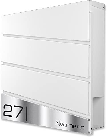 Metzler Briefkasten Weiß Neumann - Wandbriefkasten inkl. Zeitungsfach - in Verkehrsweiß RAL 9016 - Namensschild aus V2A Edelstahl - Postkasten, Größe: 37 x 37 x 10,5 cm