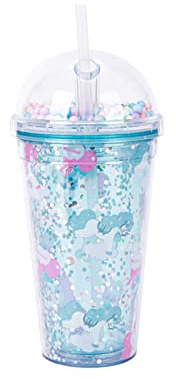 450ml Wasserbecher mit Strohhalm und Deckel, Doppelwandiger Plastikbecher, Auslaufsichere Kindertrinkflaschen Trinkflasche für Kinder, Erwachsene, Schule, Büro, Reisen, Radfahren, Sport (Blau)