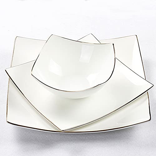 UYSELA Plato de Comedor Cuadrado de Hueso Europeo,Platos de Carne,Ensalada,Cuencos de Sopa,Juego de vajilla de Porcelana Blanca Alta