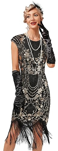 VILOREE 1920s Kleid Damen Flapper Charleston Kleid Gatsby Pailletten Cocktail Abschlussballkleid Party Kostüm Kleid Schwarz & Gold (51) L
