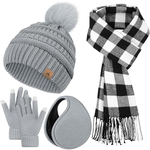Winter Hat Scarf Gloves and Ear Warmer, Knit Warm Beanie Hat Touch Screen Gloves Long Knitted Plaid Scarf Set Gifts for Women Light Gray