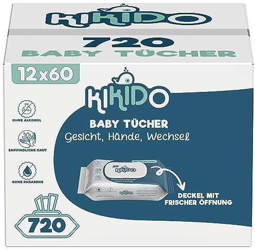 Kikido Toallitas Bebé Húmedas - 720 Unidades, 12 Paquetes de 60 Toallitas para Recién Nacidos - Con Tapa Dura de Plástico para Conservar la Frescura - Fórmula Suave para Pieles Sensibles