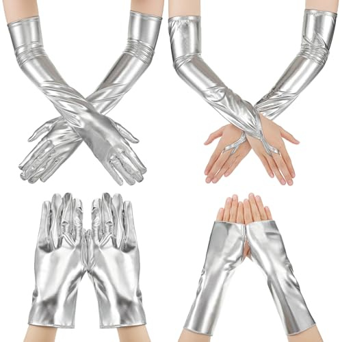 SATINIOR 4 Paar Damen Handschuhe Set – Lange Opernhandschuhe & Fingerlose Wet-Look Lackleder Handschuhe – Sexy Kostüm Zubehör für Karneval, Fasching, Disco & Mottoparty(Silber)