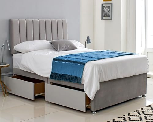 ComfoRest 4FT6 Double Bed with Mattress and Storage Drawers - Silver | Made in Britain, 136.5 x 190.5cm, Stripe headboard. Orthopaedic, medium-firm 4FT6 mattress included. Silver Plush Fabric