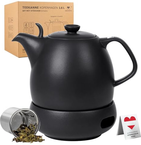 Urban Lifestyle Teekanne mit Stövchen Kopenhagen 1,6L aus Porzellan Schwarz Teekanne mit Siebeinsatz, mit Sieb aus Edelstahl Teapot Tea Pot