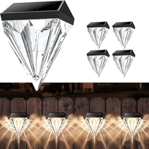 Livhome Solar Fence Lights Diamond, 4 Pack Deck Lights Outdoor Waterproof Step Lights Solar Powered for Garden Yard Patio Stair, Wall Mount (Warm White)