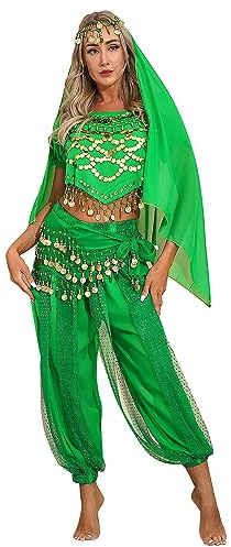 Xnihocha Damen Bauchtanz Kostüme Set Orientalische Tanz Kostüme Pailletten Tanzen Top + Laterne Hosen +Hüfttuch+ Kopftuch Faschingskostüme