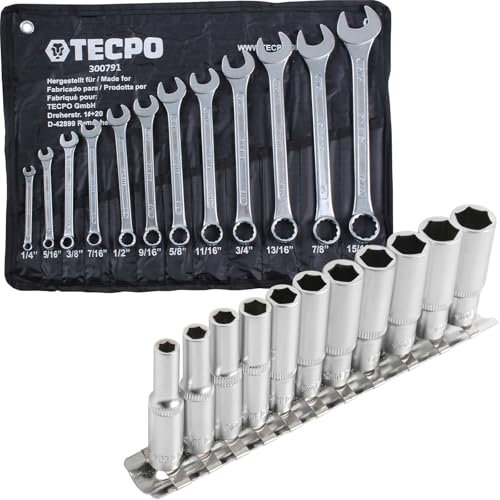 TECPO Steckschlüssel Nüsse Zoll Werkzeug 3/16-1/2 mit Maul-Ringschlüssel Satz