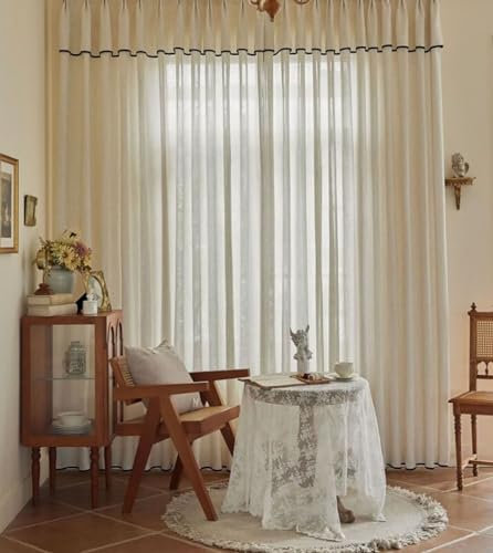 Beydodo Gardinen Küche 2er Set 107x138CM, Vorhänge Lichtdurchlässig mit Ösen mit Schabracke Einfarbig Französisch Beige Schiebevorhänge Halbtransparent Wohnzimmer Schlafzimmer