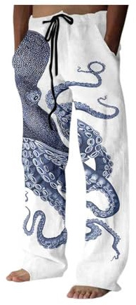 Men's Casual Pants: Japanese Art Dragon Graphic Print and Traditional Sashiko Art Linen Blend (Style 6,Large)