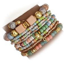 IFKM 8PCS Beaded Bracelets for Women, Multilayered Stackable Strand Stretch Bead Bracelet Pack Handmade Trendy Bohemian Charm Jewelry Colorful