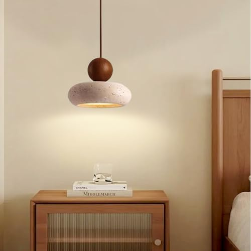LED Hängeleuchte Gelber Travertin Pendelleuchte Wabi-Sabi Stil Massivholz Runde Kugel Hängelampe Aus Naturstein Klein Kronleuchter Für Bar Schlafzimmer Wohnzimmer Esszimmer Nachttisch Pendellampe(B)