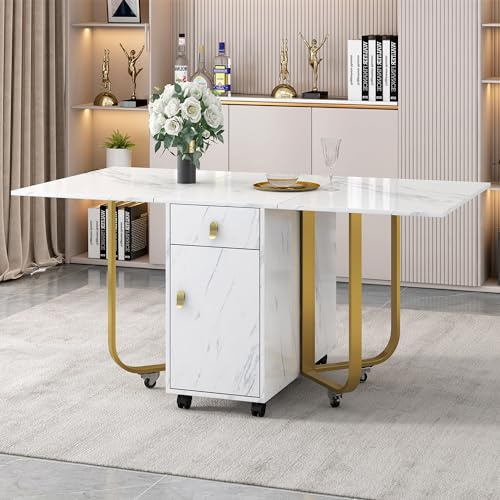 Moimhear Klappbarer Esstisch (1-St) mit Aufschrank und 2-Schubladen, Klappbarer Küchentisch vielseitiger Tisch, Platzsparender Esstisch mit 4-Stützbeinen,Mit Riemenscheibe (weiß+Gold)