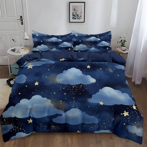 Bettwäsche 155x220cm Wendebettwäsche 3 teilig Traumkunst Sterne Wolken Flauschige Weich Fantasy Stars Mikrofaser Wendebettwäsche Set Bettbezug und 2 Kissenbezug 80x80 cm mit Reißverschluss