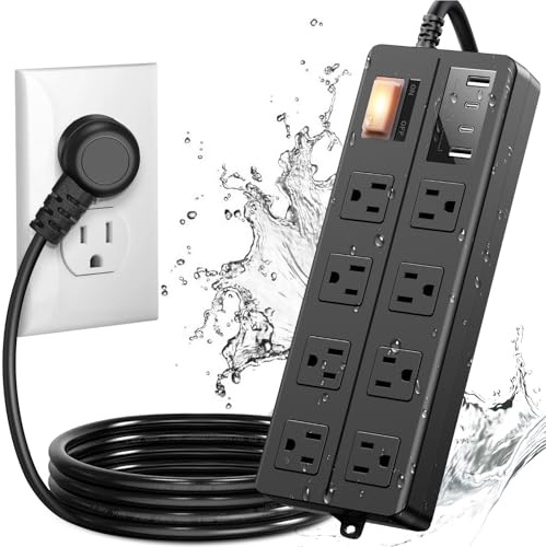 QIYUAN IPX6 Waterproof Outdoor Power Strip, Surge Protector with 8 Wide Outlets & 4 USB Ports (2A 2C), 6FT Extension Cord, Wall Mountable Weatherproof for Garden Patio Holiday Lights - UL Listed Black