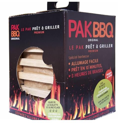 PAK BBQ Briquettes de Charbon Prêtes à Griller 100% Coques de Noisettes Recyclées, Kit Barbecue, Système d’Allumage Intégré, Facile à Allumer en 10 Minutes, 3h de Combustion (4 KG (2 boîtes de 2 KG))