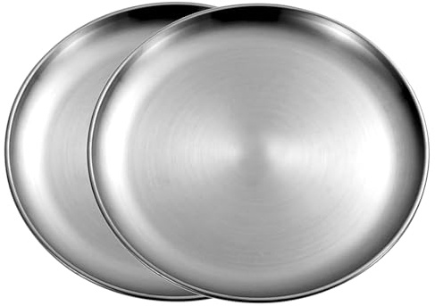 AUSHOPLAH Set di 2 piatti piani in acciaio inox, bistecca, insalata, metallo, piatti piani per pizza, piatti rotondi E02 (2 pezzi argento 20 cm)