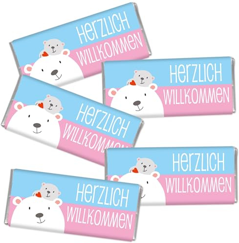 STEINBECK Mini Schokolade Herzlich Willkommen 5er Set Tischdekoration Geburt Familienfeier Bärchen