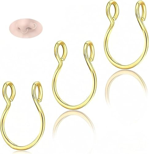 AzureRay 3er Set Fake Nasenring Gold, Faux Septum & Nose Ring Hoop, Chirurgenstahl Clip auf Piercing, Ohne Stechen Körperschmuck Set für Männer & Frauen