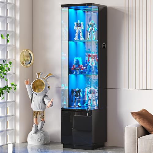 OUTDOOR DOIT Lockable Curio Display Cabinet with Glass Door,65 Lighted Curio Cabinet with 3 Color Lights for Collectibles,3-Tier Display Case with Human Body Sensor,Glass High Gloss Storage Cabinets