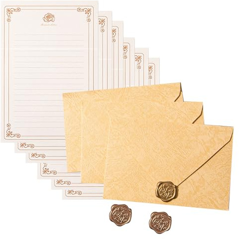Set di cancelleria in carta da lettere antica con 6 fogli a righe, 3 buste e 3 sigilli adesivi per matrimoni, San Valentino, lettere scritte a mano
