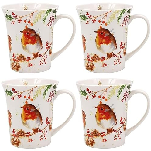 The Leonardo Collection Christmas Winter Robins Mugs Set of 4 | Fine China Coffee Cups & Tea Cups for Home & Office | Large Coffee Mugs for Hot Drinks | Lovely Printed Bone China Mug Gift for Women &
