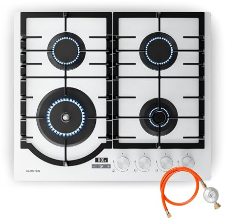 Klarstein Ignito Gaskochfeld, 4-Brenner Aluminium, 8000W, Timer & Temperaturregelung, Flammenausfallschutz, Gusseisen-Topfhalter, Gasherd für Erdgas & Flüssiggas, 60x51cm, Weiß