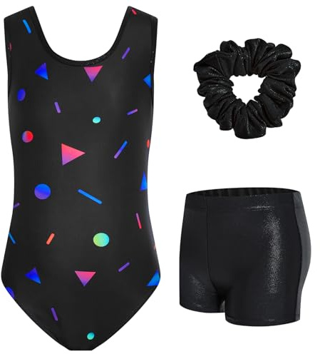 JiAmy - Body da ginnastica per ragazze con pantaloncini, set 3 pezzi, abbigliamento atletico da ginnastica per bambini, senza maniche, body da balletto e danza per bambini 3-12 anni, 11-12 Years
