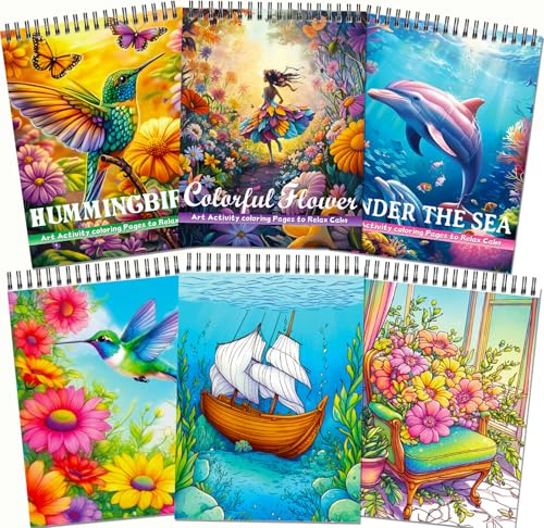 Aannanl 3 Stück Malbuch für Erwachsene Entspannung | Dickes A4-Papier | 60 Mustern Mit Kolibris, Blumen & Meer | Enthält 1 auslaufsichere Karte | Angst & Stressabbau für Frauen