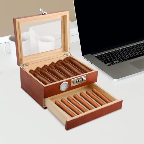 Wiyuer cigarrhumidor-låda med hygrometer bord humidor box tillverkad av spanska cederträ med glaslock för 20–35 cigarrer förvaring perfekt för hem kontor 23,5 x 18,2 x 11,6 cm svart