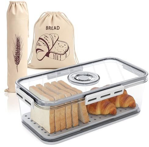 Mittimiya Caja de pan de plástico transparente, caja de pan sellada con ahorro de tiempo, almacenamiento de pan para encimera de cocina con 2 bolsas de lino (32,5 x 18 x 11