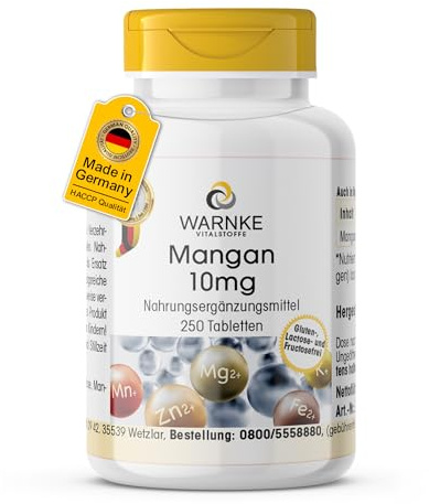 Manganèse 10mg - 250 comprimés - 10mg de manganèse par comprimé - Gluconate de manganèse - HAUTEMENT DOSÉ - Qualité pharmaceutique allemande - Vegan | Warnke Vitalstoffe