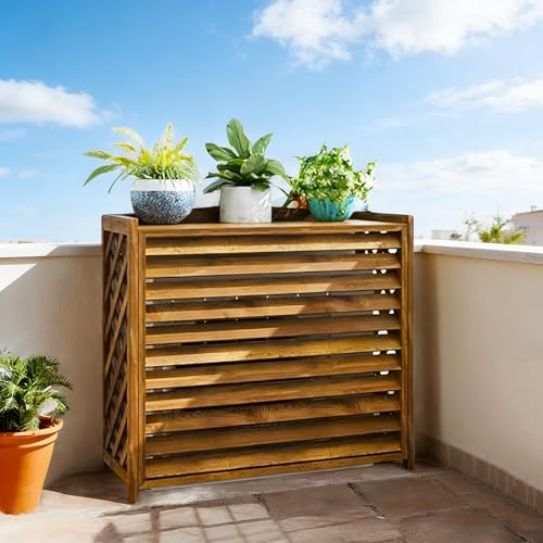 Cache Pompe a Chaleur Extérieur Bois Cache Climatiseur Extérieur Marron Support De Climatiseur En Bois Cache Climatiseur Fenetre Anti-Corrosion étagère Plante Pour Décorer Jardin Balcon(120x57x100cm)