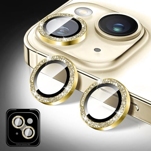Kucheed Proteggi Obiettivo Fotocamera Compatibile con iPhone 13/13 Mini, Pellicola Protettiva in Vetro Temperato Glitterato per Fotocamera, Anelli Metallici Individuali (Oro)